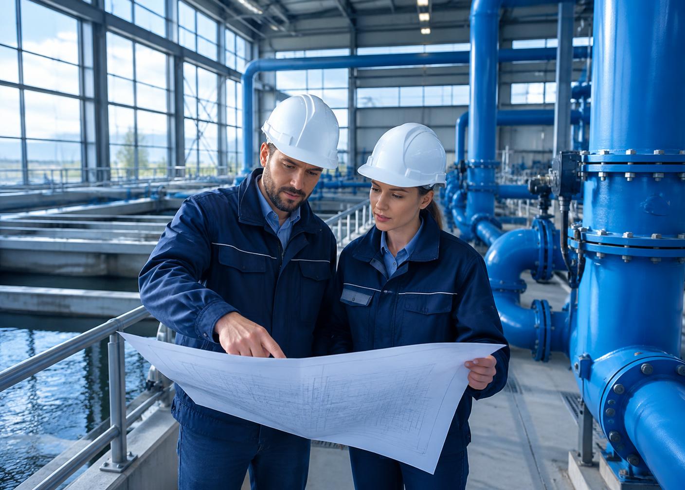 Two engineers reviewing drawings inside a water treatment plant