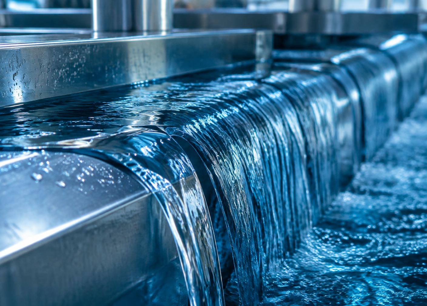 Treated water flowing over stainless steel weirs in a treatment facility